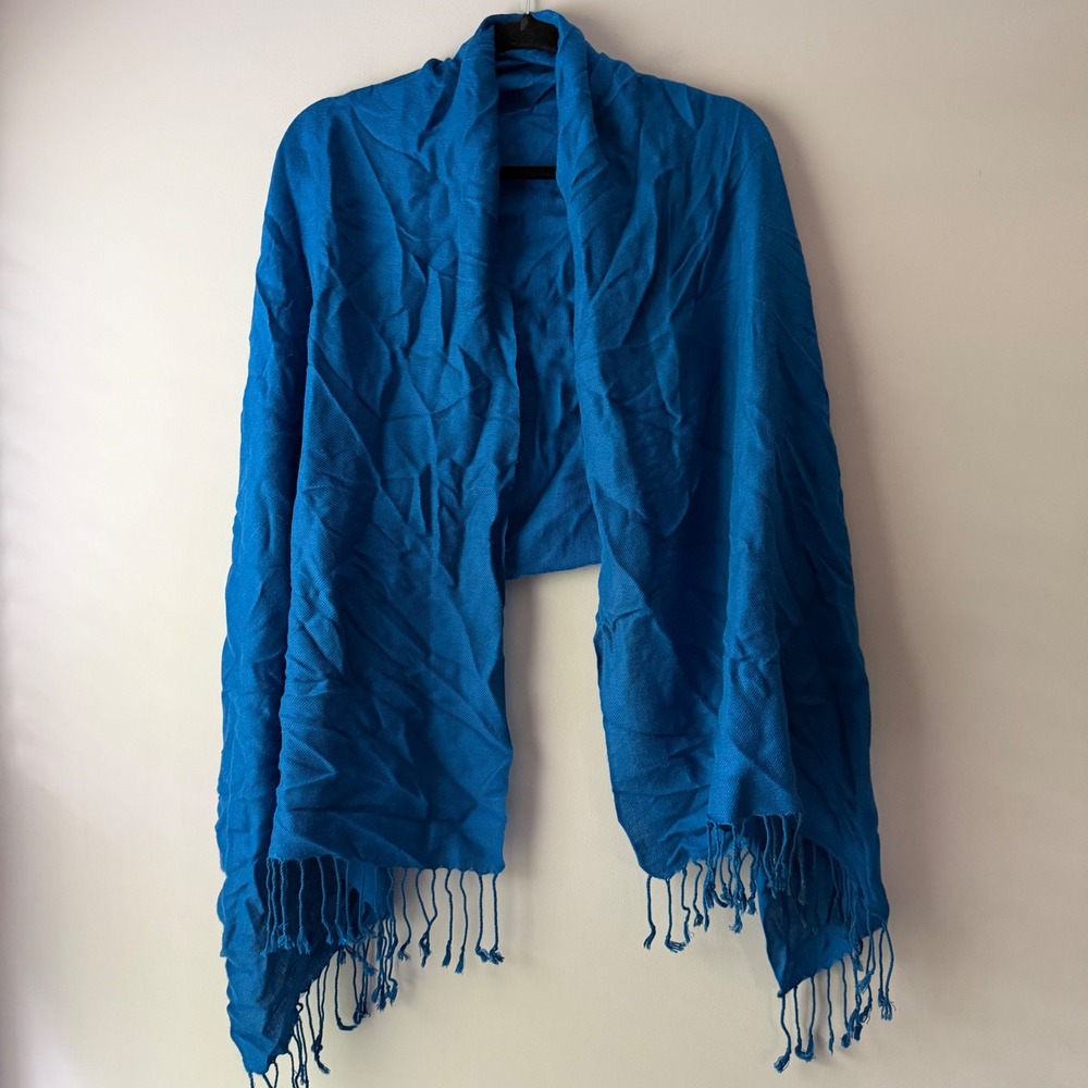 Pashmere Pashmina Scarf Unisex OS Blue Fringe Viscose Blend Wrap Scarf 70x26in